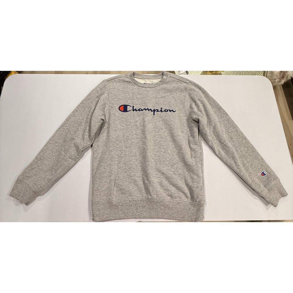 Champion Sweatshirt Men's Crewneck Heather Gray SpellOut Pullover Sweater Large
